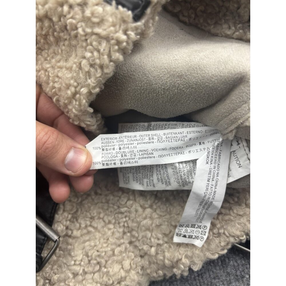 Zara Woman Jacket Womens Small Beige Sherpa Teddy Fleece Biker Moto Zip Pockets - Picture 7 of 8